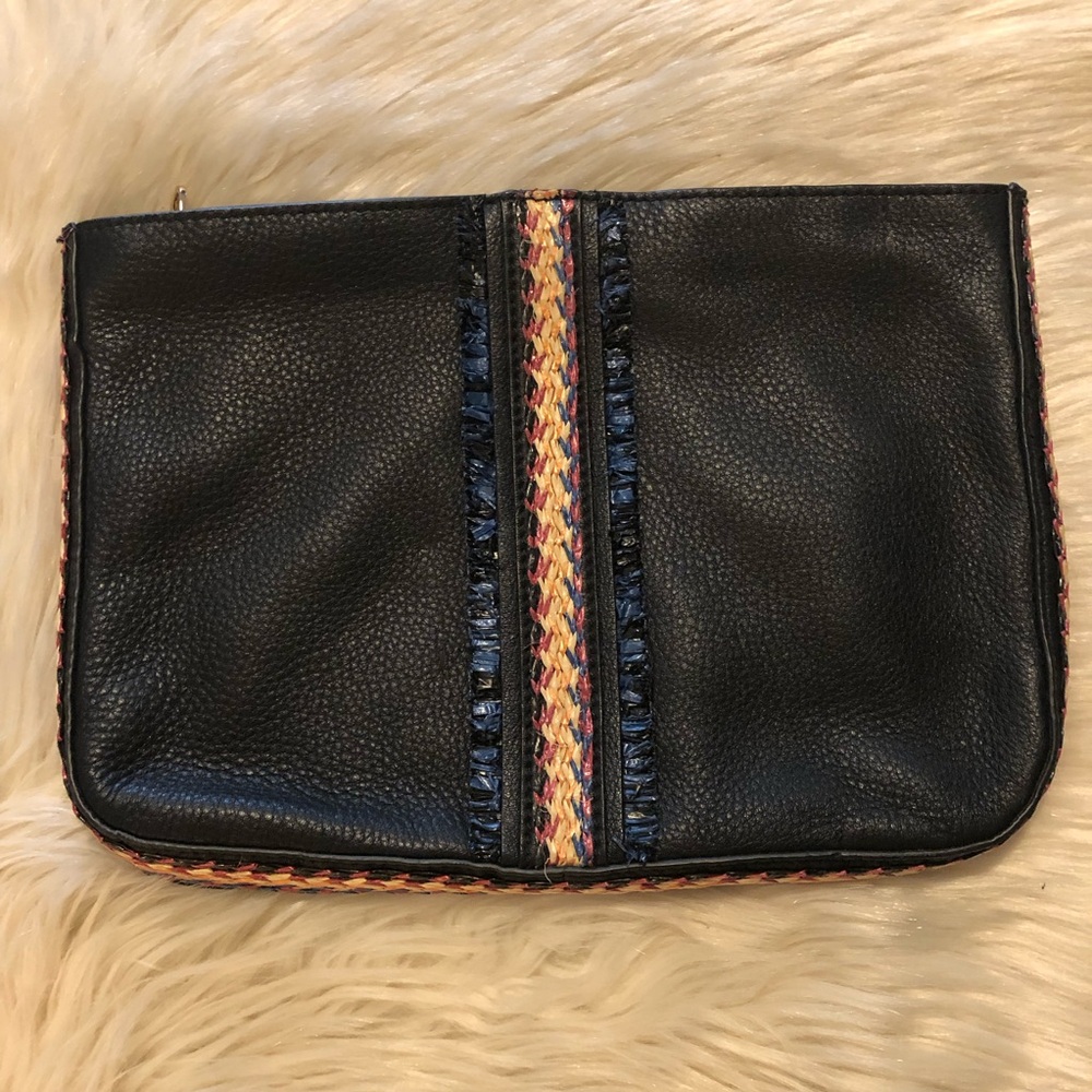 Vince Camuto black pebble leather clutch pouch purse braided raffia trim
